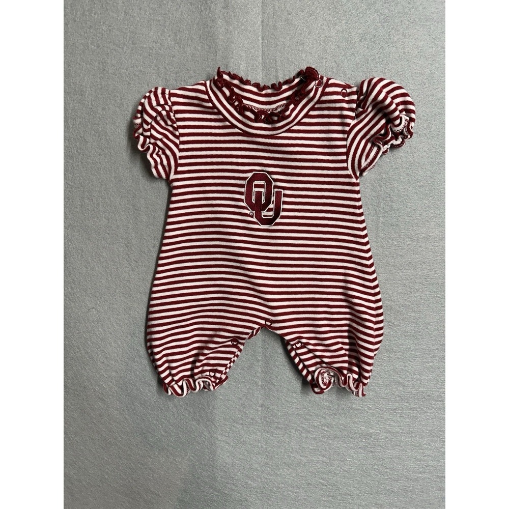 Oklahoma Sooner Baby Crimson Stripe Puff Sleeve Romper 3-6 Months
